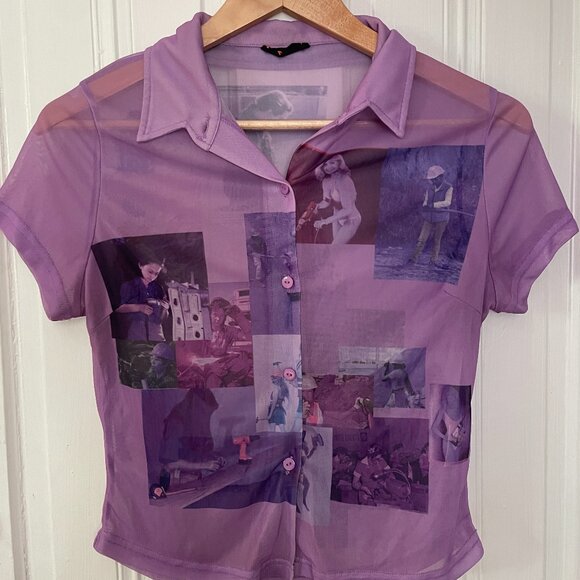 Hot Lava "working girls" purple mesh cropped button up - Picture 1 of 8